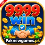 9999 Win Game online earning and casino-style gaming app interface showing rewards, referral bonuses, and gameplay sections for users in Pakistan