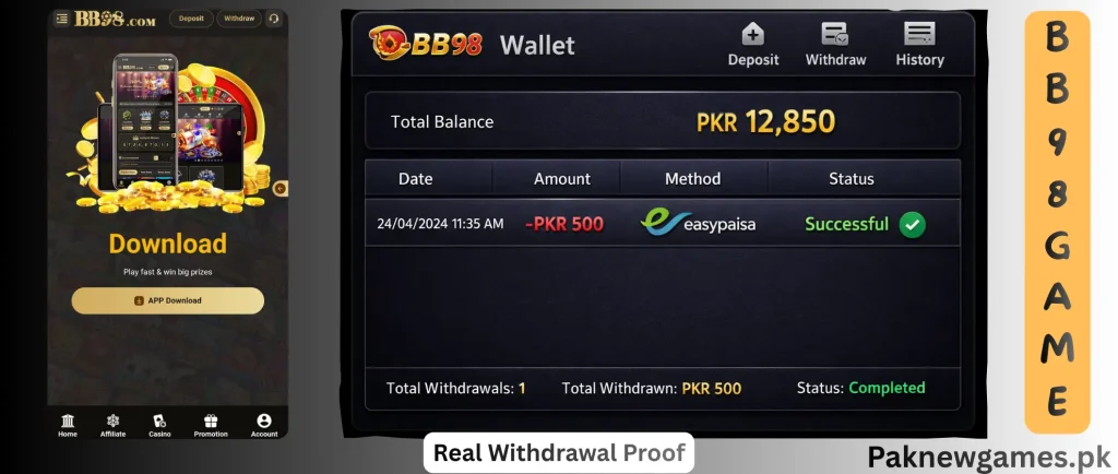 BB98 Game Withdrawal Proof 2026 – My First Easypaisa Payment (Real Screenshot)