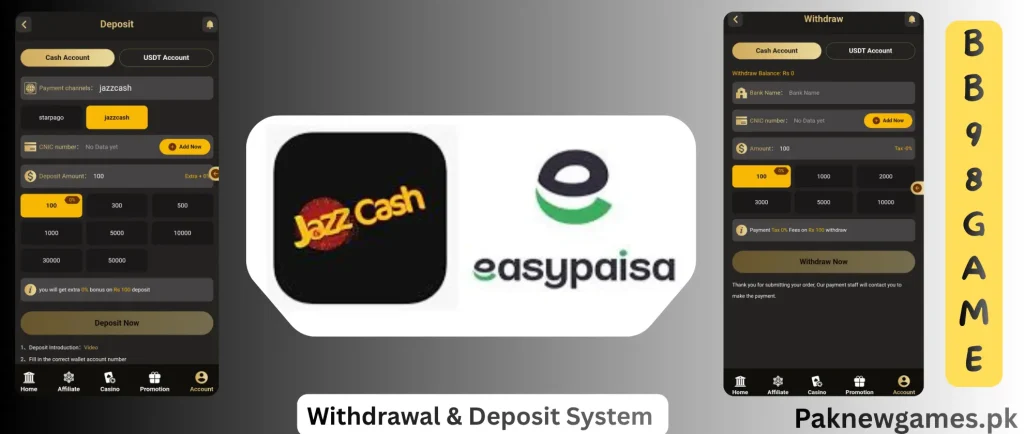BB98 (B98) Game Cash Deposits and Withdrawals
