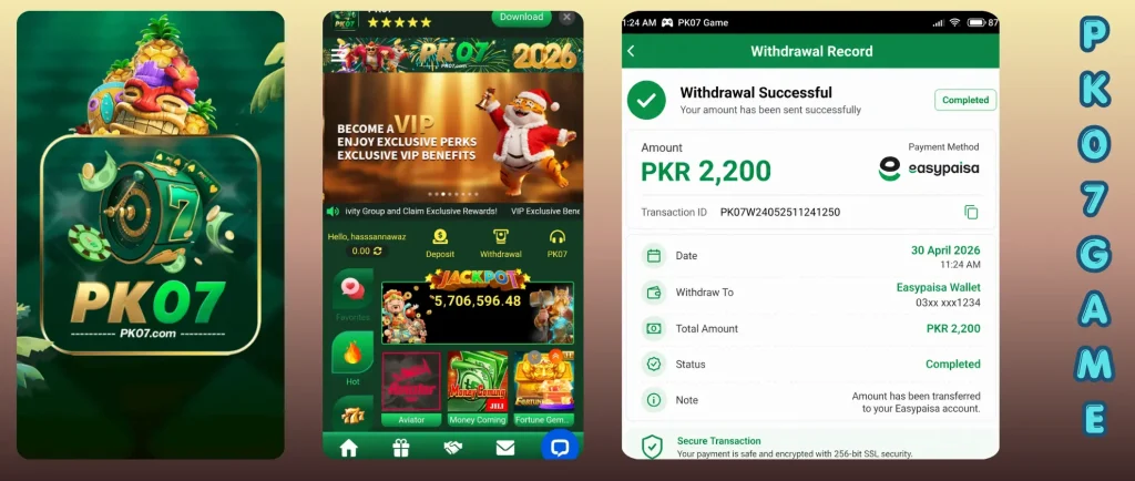 Withdrawal successful screen showing PKR 2200 transferred to Easypaisa wallet on 30 April 2026 with completed status