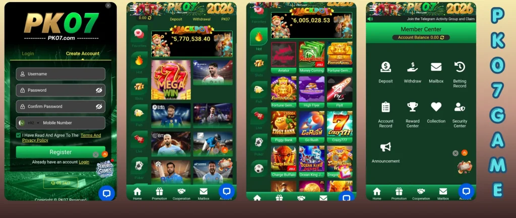 PK07 Game 2026 interface showing real money earning features download and withdrawal options in Pakistan
