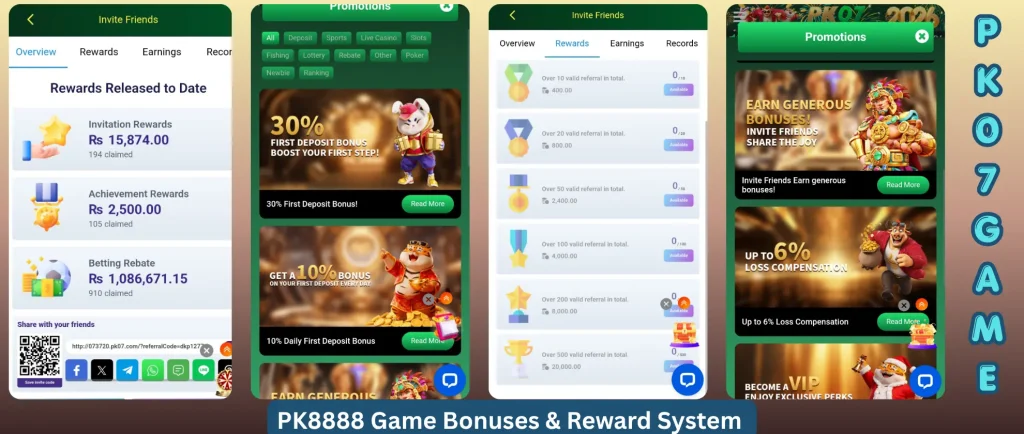 PK07 Game 2026 bonus and rewards system showing signup bonus daily rewards cashback and referral earnings in Pakistan
