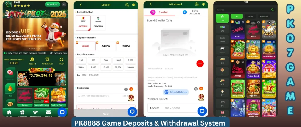 PK07 Game 2026 deposit and withdrawal system showing EasyPaisa and JazzCash payment methods for users in Pakistan