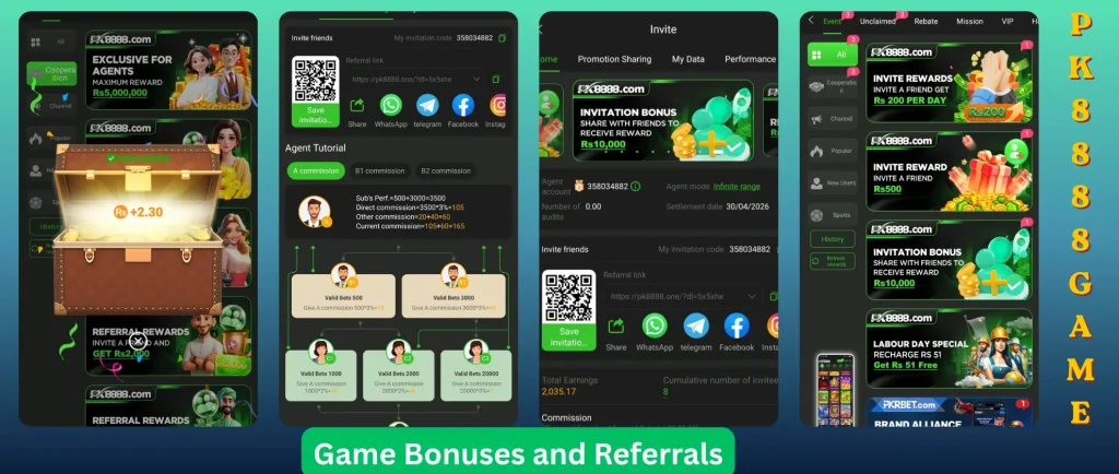 PK8888 game bonus system showing signup bonus cashback and referral rewards