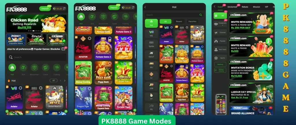 PK8888 game interface showing dashboard and earning options