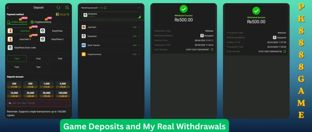 PK8888 game withdrawal proof showing two payments of 500 PKR via Easypaisa