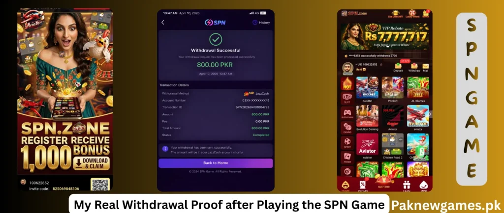 SPN Game Real withdrawal proof of 800 PKR from Jazzcash