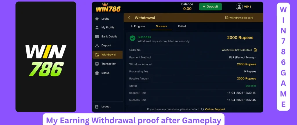 Win786 Game real withdrawal proof of my gameplay