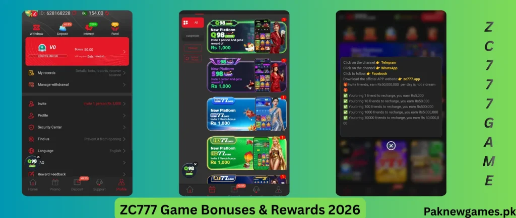 ZC777 Game 2026 bonus and reward system showing daily login rewards, lucky spin bonuses, referral earnings, event prizes, and PKR cash reward structure