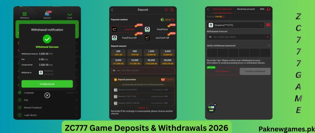 ZC777 Game 2026 deposit and withdrawal system showing Easy paisa and Jazz cash payment options, wallet transfer process, and cash out interface for Pakistani users