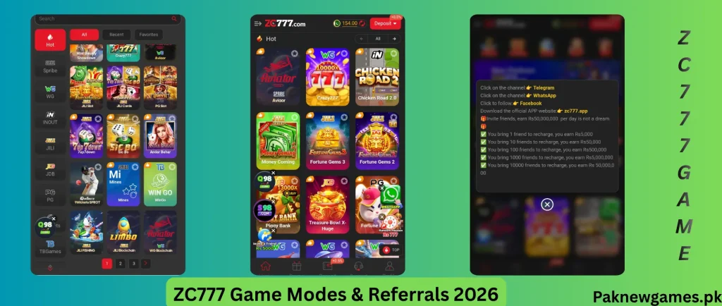 ZC777 Game 2026 modes showing lucky spin, slot machine, card games, daily tasks, referral rewards, and bonus event features for mobile users in Pakistan