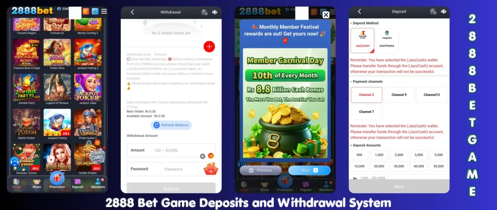 2888 Bet Game 2026 deposit and withdrawal system showing secure payment methods, fast cash out process, and transaction options