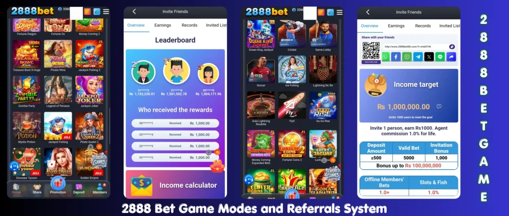 2888 Bet Game 2026 showing different game modes and referral system for earning rewards and bonuses