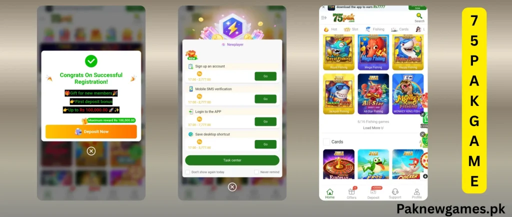 75 PAK Game 2026 online gaming and earning app dashboard interface