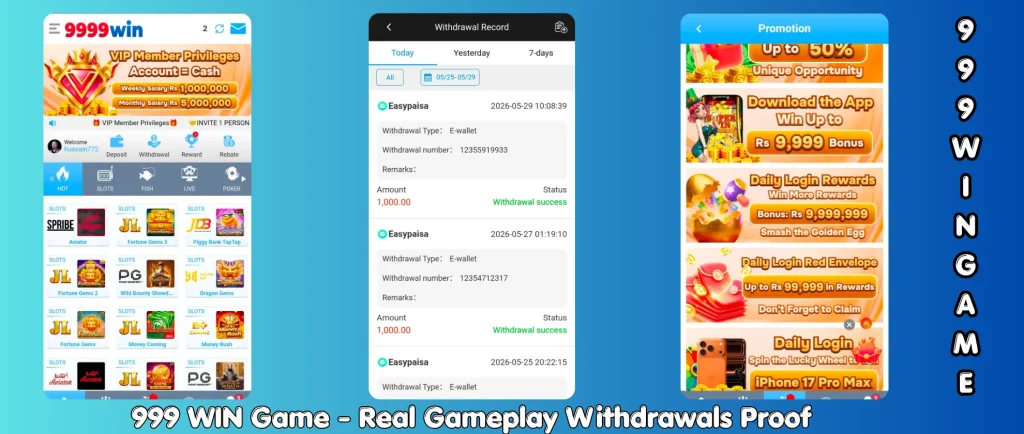 9999 Win Game real withdrawal evidence with cash received in Pakistani rupees