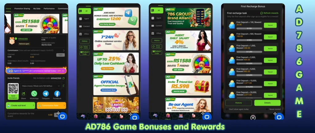 AD786 Game 2026 bonuses and reward system showing daily rewards, VIP levels, referral bonuses, and earning dashboard on mobile app interface