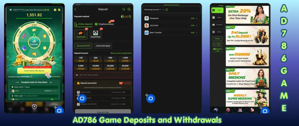 AD786 Game 2026 deposit and withdrawal system showing wallet interface, payment methods like Jazzcash and Easypaisa, and cash-out screen on mobile app