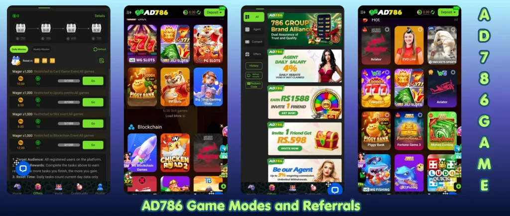 AD786 Game 2026 showing different game modes and referral system with earning dashboard, invite bonus feature, and mobile gameplay interface