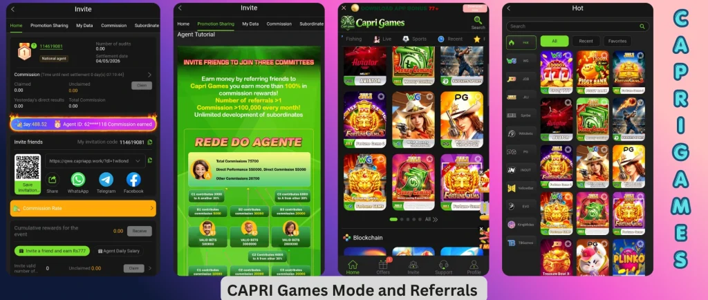 CAPRI Games 2026 modes and referral earning system displayed on mobile app screen