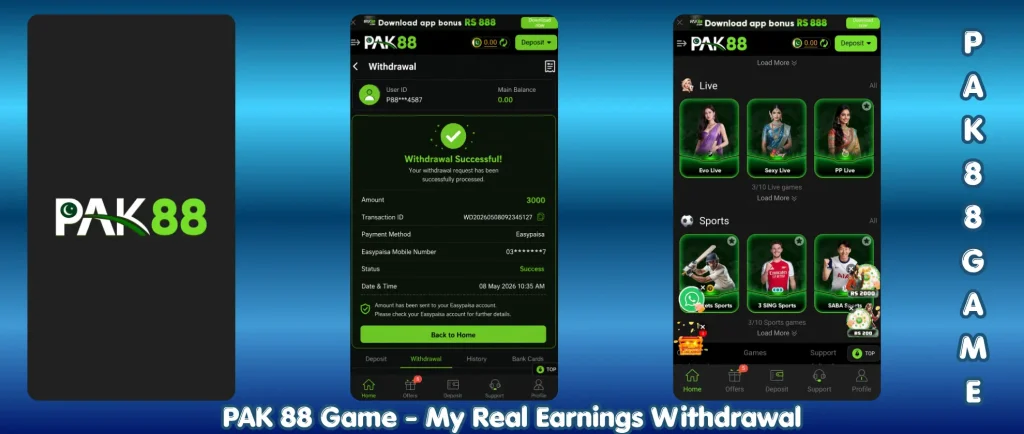 PAK88 Game withdrawal successful screenshot showing 3000 Easypaisa cash withdrawal on 08 May 2026