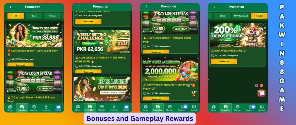 PAKWIN88 Game gameplay screen showing bonus rewards, daily login rewards, referral earnings, and in-game reward system interface for users in Pakistan