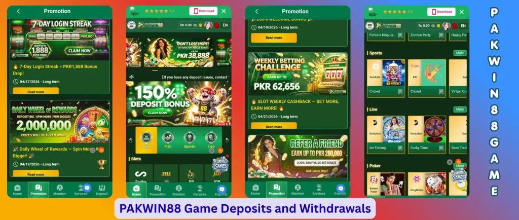 PAKWIN88 Game deposit and withdrawal screen showing payment methods, wallet balance, cashout options, and transaction history for users in Pakistan