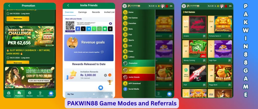 PAKWIN88 Game interface showing different game modes selection screen and referral system dashboard for inviting friends and earning commissions