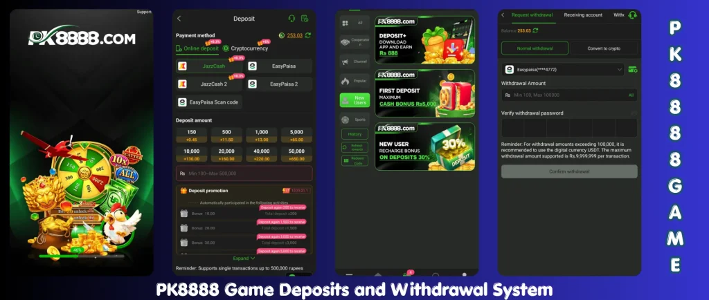 PK 8888 Game 2026 online earning platform showing games list, bonus system, and withdrawal features for users in Pakistan