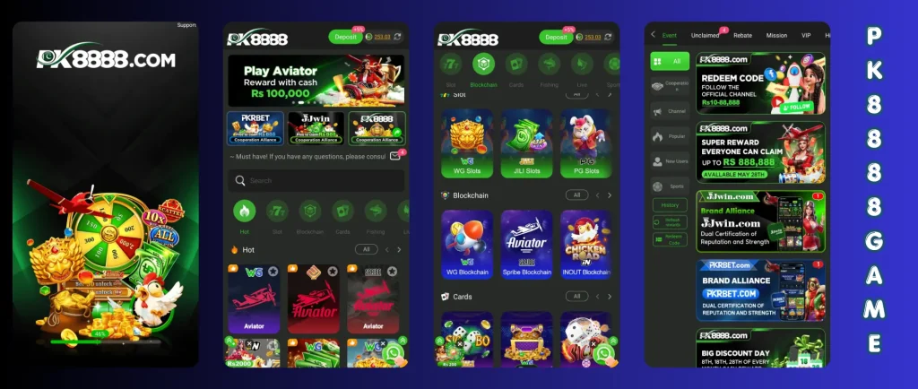 PK 8888 Game 2026 earning app interface showing bonus rewards, deposit system, and online gameplay features in Pakistan