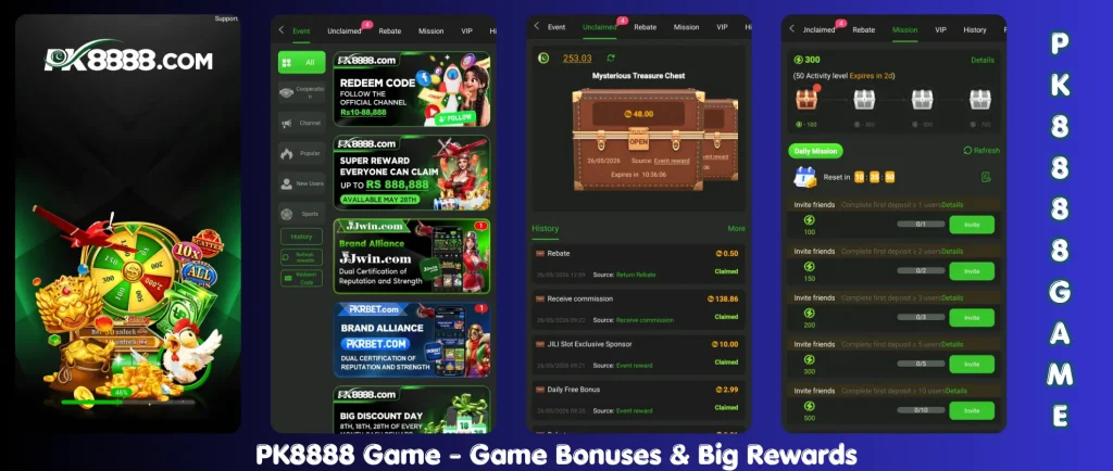 PK 8888 Game 2026 mobile gaming dashboard highlighting rewards, bonus offers, and earning opportunities for Pakistani users