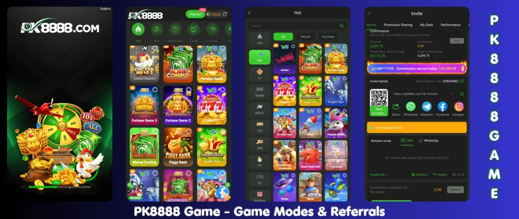 PK 8888 Game 2026 app dashboard with earning rewards and bonus system