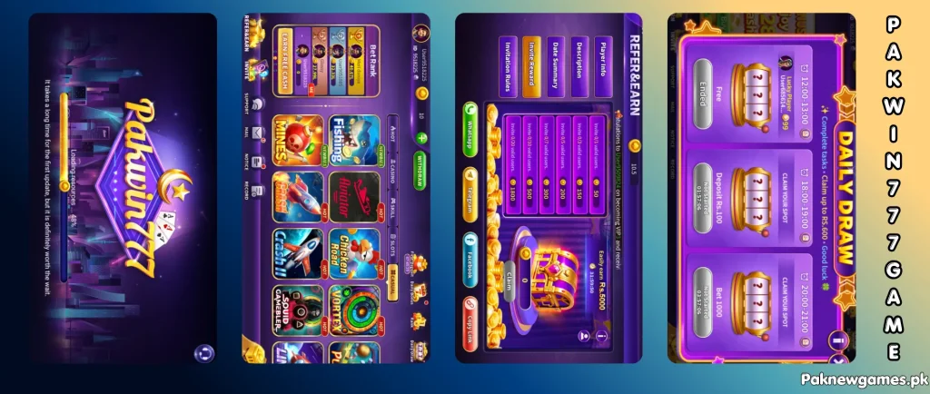 Pakwin777 Game 2026 dashboard showing casino games, bonuses, Easy paisa deposits, and withdrawal features