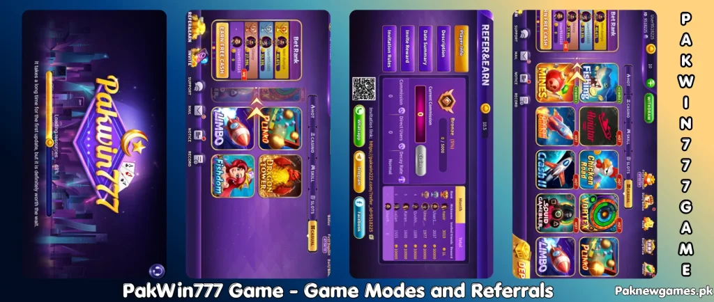 Pakwin777 Game 2026 APK interface with color prediction, slots, Teen Patti, and referral reward system