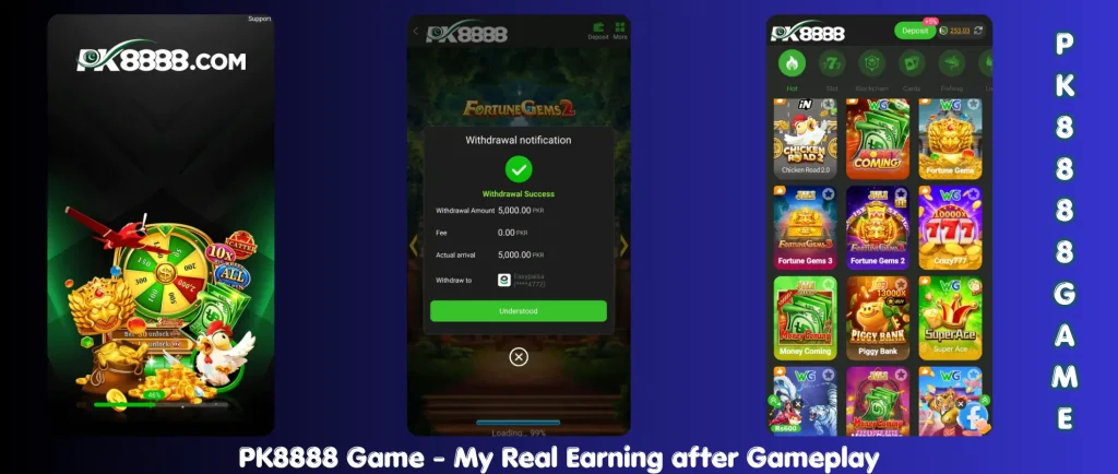 PK 8888 Game 2026 successful 5000 rupees withdrawal screenshot after gameplay rewards and bonus earnings