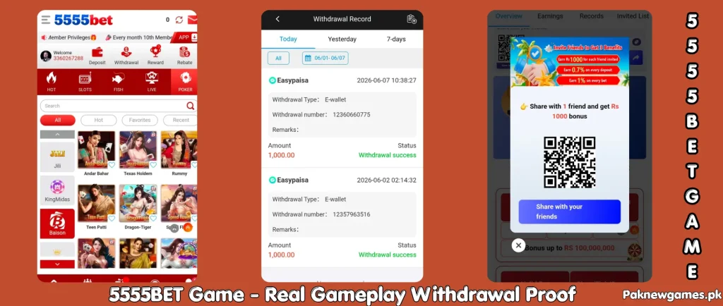 5555Bet Game 2026 real gameplay withdrawal proof screenshot