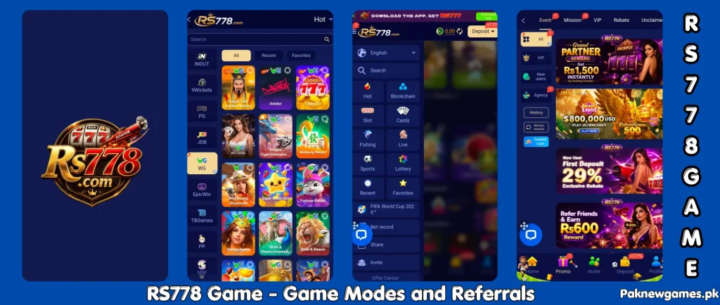 RS778 Game APK interface showing promotions, rewards, and gameplay tools